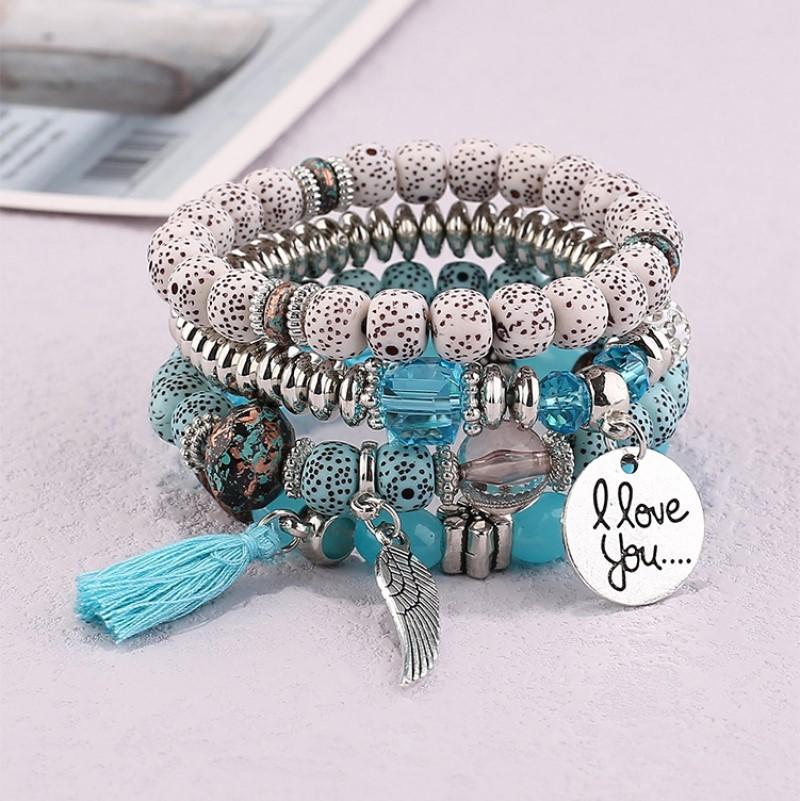 4PCS Bohemian Multi-Strand Beaded Bracelet Set with Fringe Tassel & Wing "I Love You" Charm - Women's Layered Jewelry Gift for Summer Fashion