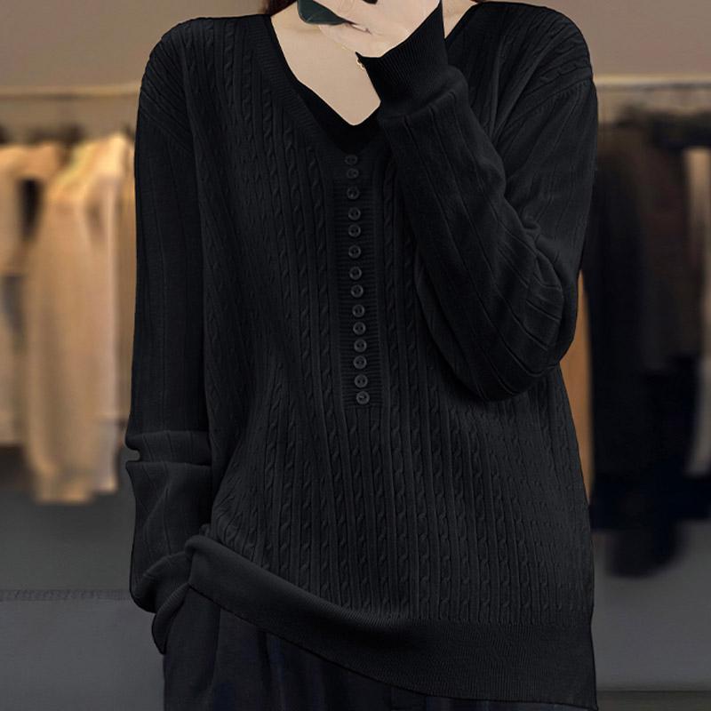 Women Sweaters Pullovers 2025 Autumn Winter Long Sleeve V-Neck Black Knitted Sweater Women Tops Pullover JJ137