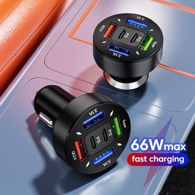 66W 6-in-1 Fast Car Charger with PD & QC3.0 Ports, Universal Multi-Device USB Adapter for 12-24V Vehicles