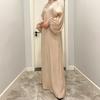Damenkleidung, einfarbig, große Laternenärmel, helle Seide, lange Ärmel, Stehkragen, Rückenbindung, muslimisches Kleid, 6 Farben