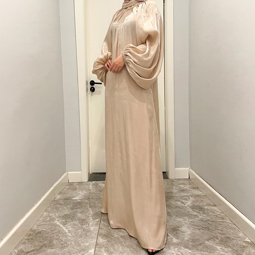 Damenkleidung, einfarbig, große Laternenärmel, helle Seide, lange Ärmel, Stehkragen, Rückenbindung, muslimisches Kleid, 6 Farben