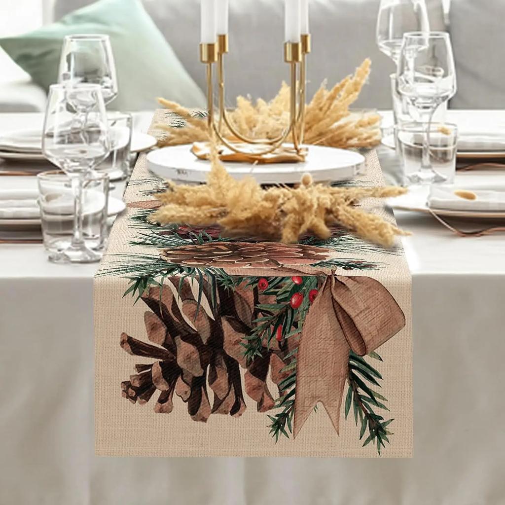 Christmas Pine Cone Pine Needle Branch Berry Linen Table Runner for Table Decor Winter Xmas Table Runners Christmas Decorations