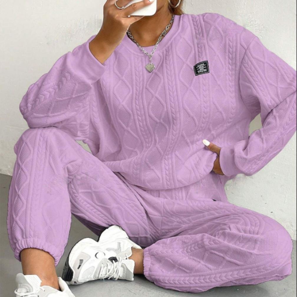 Dames Herfst en Winter Effen Kleur Jacquard Lange Mouw Casual Ronde Hals Sweatshirt en Broek Set