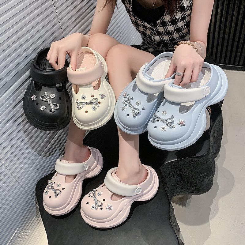 Spring and summer new rhinestone heightening hole shoes women's tide non-slip bag head slippers women's shoes