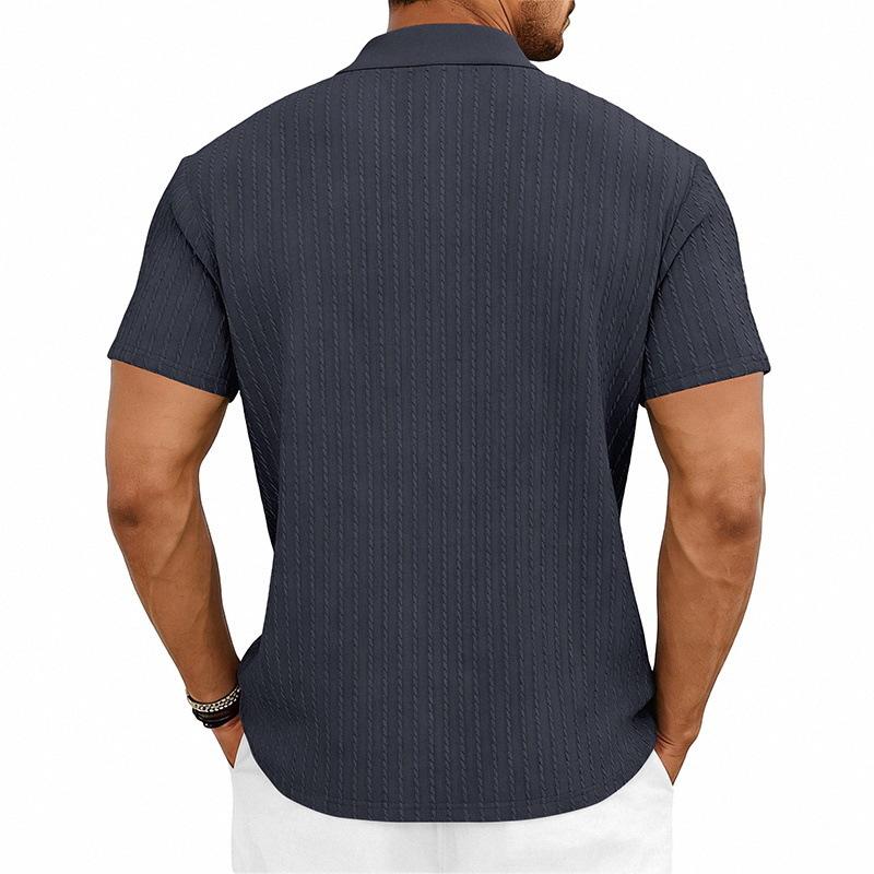 Men's Textured Vertical Stripe Polo Shirt - Summer Short Sleeve Lapel Tee, Breathable & Casual