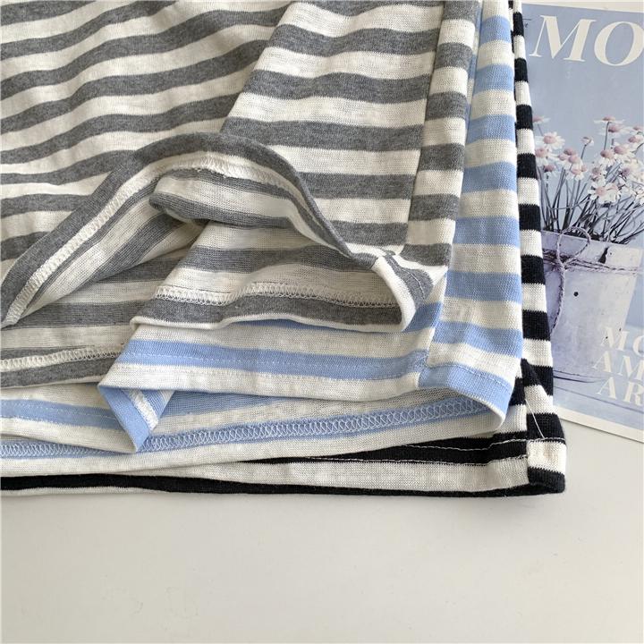 2025 Summer Women's Striped Cotton-Linen Short-Sleeve Round Neck Top, Korean Style