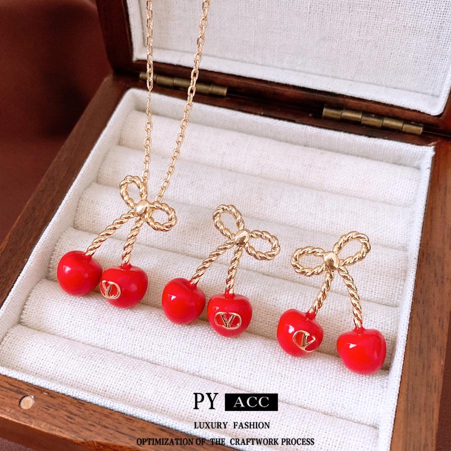 Red Cherry Pendant Earrings & Necklace Set: Stylish Minimalist Jewelry
