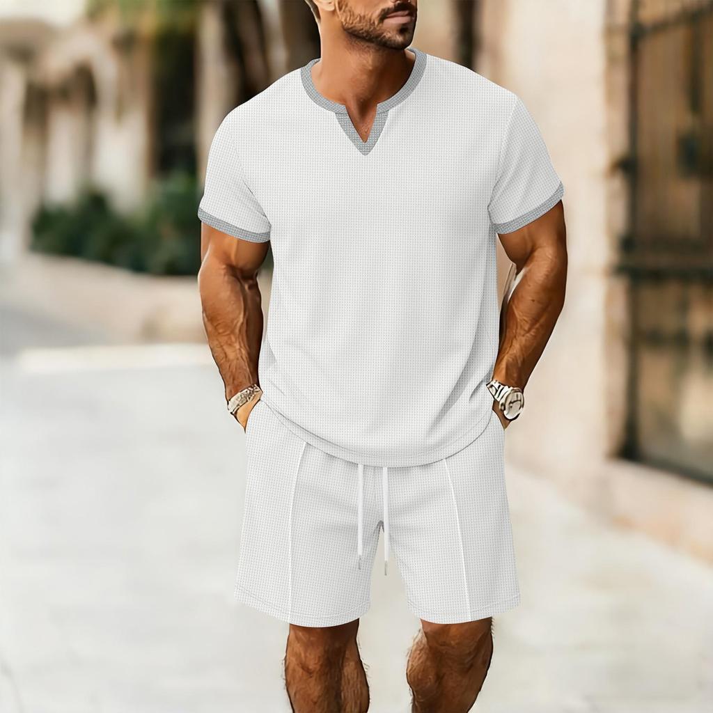 Men's V-Neck Solid Color Waffle Short Sleeve T-shirt & Shorts Set – Breathable, Loose Fit.