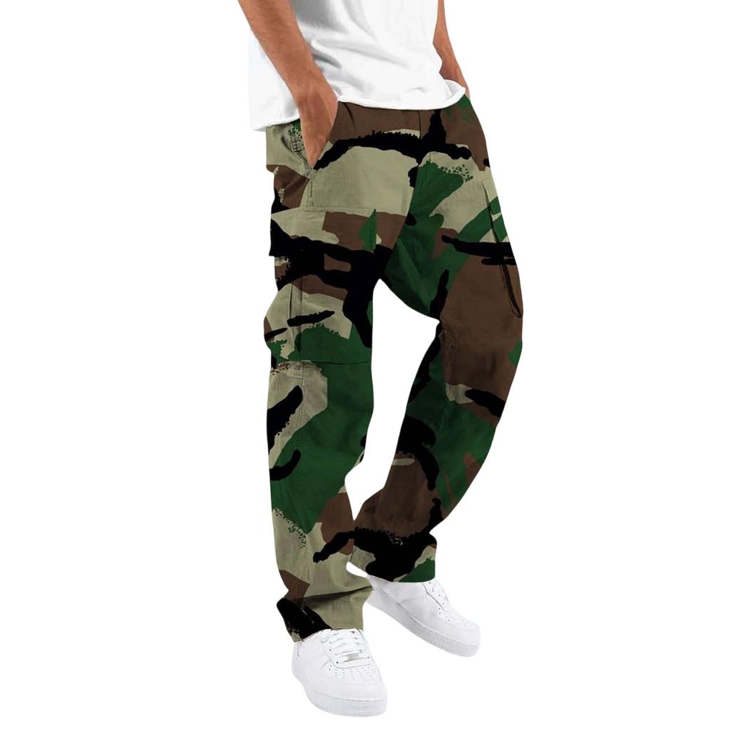 Men Drawstring Elastic Waist Cargo Pants Four Pockets Digital Print Loose Fit Long Trousers for Daily Outdoor Wear