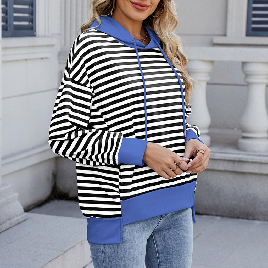 Damen Modischer Lässiger Gestreifter Kapuzenpullover mit Tasche Locker Langärmlig