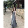 Kumikumi Gray Sleeveless Vest Skirt Women Summer Temperament Waist Hugging Slimming Dress Drape A- Line Skirt Long Dress