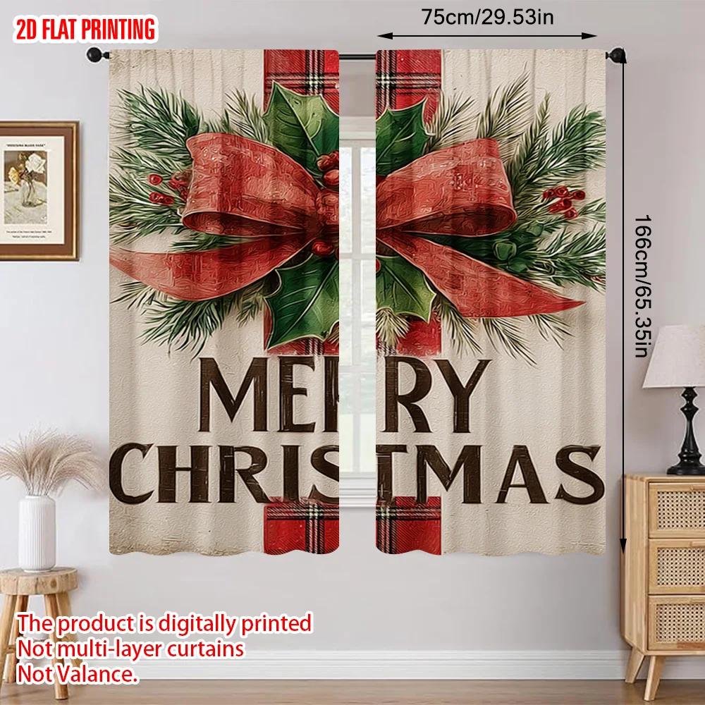 2pcs plane printing Popular Curtains Festive Pine_ Berries & Red Bow 100% Polyester (without rod) Decorations Outdoor for