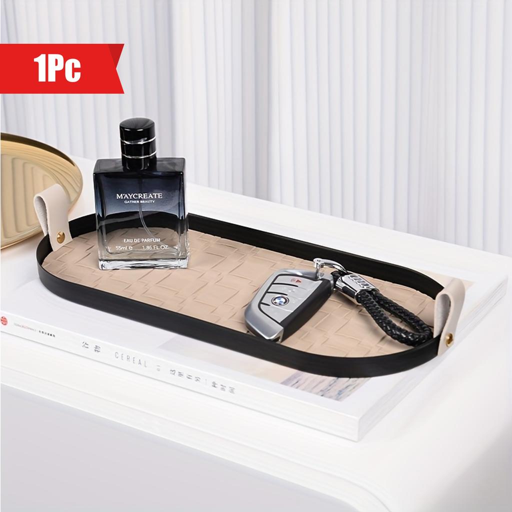1pc Metal Jewelry Tray with Braided Leather Mat, Rectangular Tabletop Organizer for Skincare, Cosmetics, and Key Storage, Multipurpose Use for Home