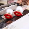 E903 Creative Stud Earrings, Double Sided Pearl Lips Pearl Red Lip Size Stud Earrings Jewelry