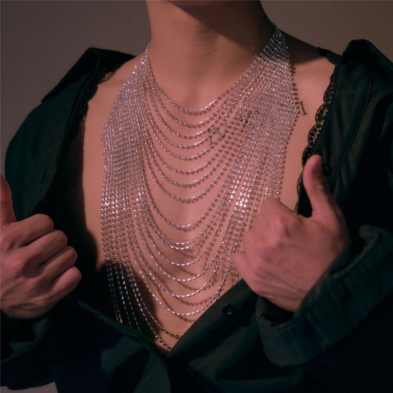 Men's Rhinestone Chest Chain Layered Tassel Body Jewelry for Club Party Dancing