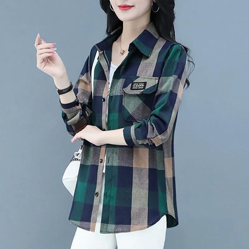 

Весенне-осенняя мода Принтованная Сшивная Карманы Клетчатая Рубашка Женская Одежда Новые Повседневные Топы Корейская Блузка L