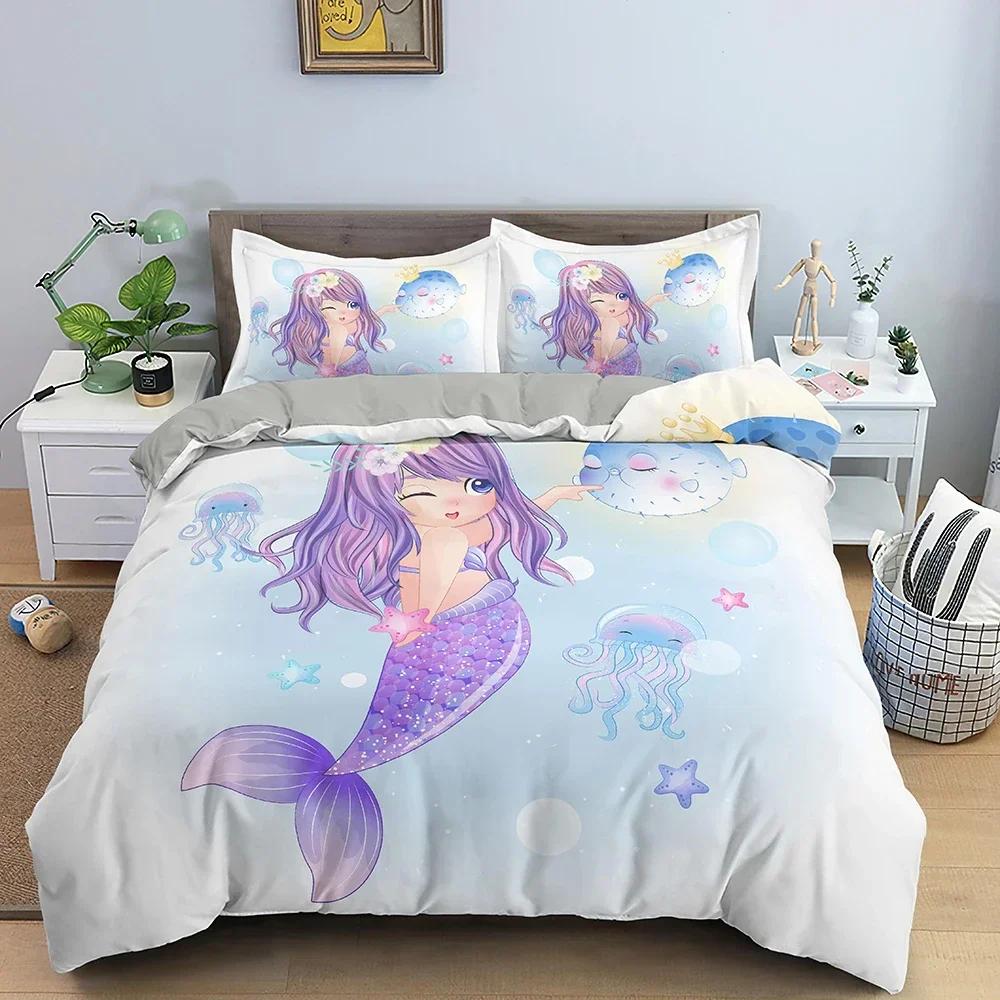 Cartoon Mermaid Pattern Comfortable Duvet Quilt Cover Pillowcase Bedding Set Children Bedroom Decoration Home Textile
