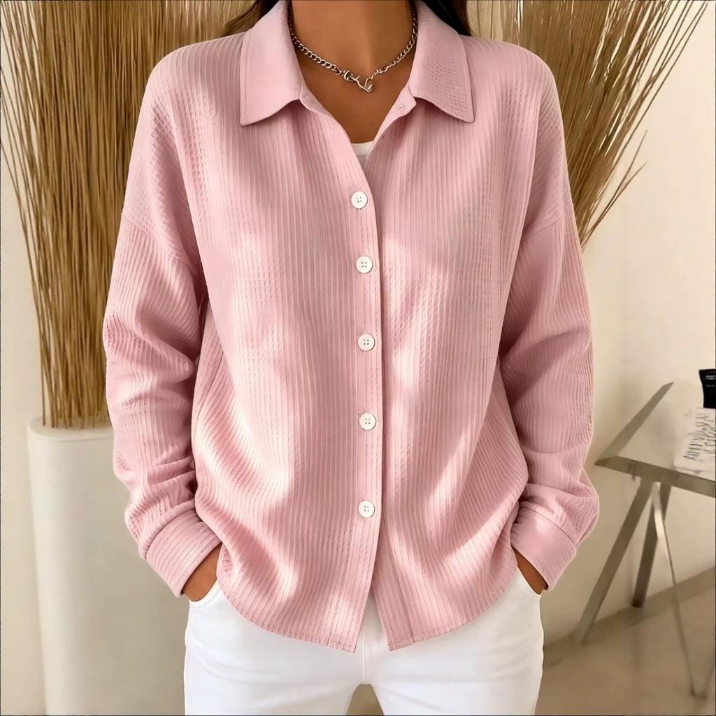 Women Solid Waffle Knit Button‑Up Shirt Jacket, Turn‑Down Collar Long‑Sleeve Loose Casual Fashion Open Front Cardigan Blouse