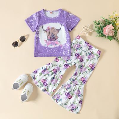 Ropa para Niñas Pequeñas Conjuntos Casuales Mangas Cortas Girasoles Leopardo Cabeza de Vaca Estampado de Letras Tops Pantalones Acampanados