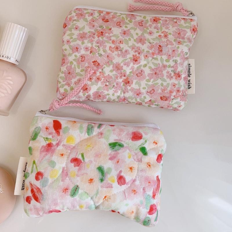 Elegant Flower Print Cosmetic Pouches Compact Cotton Storage Bag Makeup Bag For Lipstick And Essential