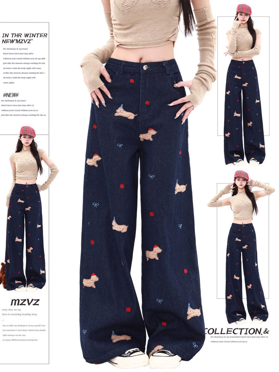 

Джинсы широкого кроя с высокой талией, вышитые, ретро, темно-синие, 2025 Medium темно-синий