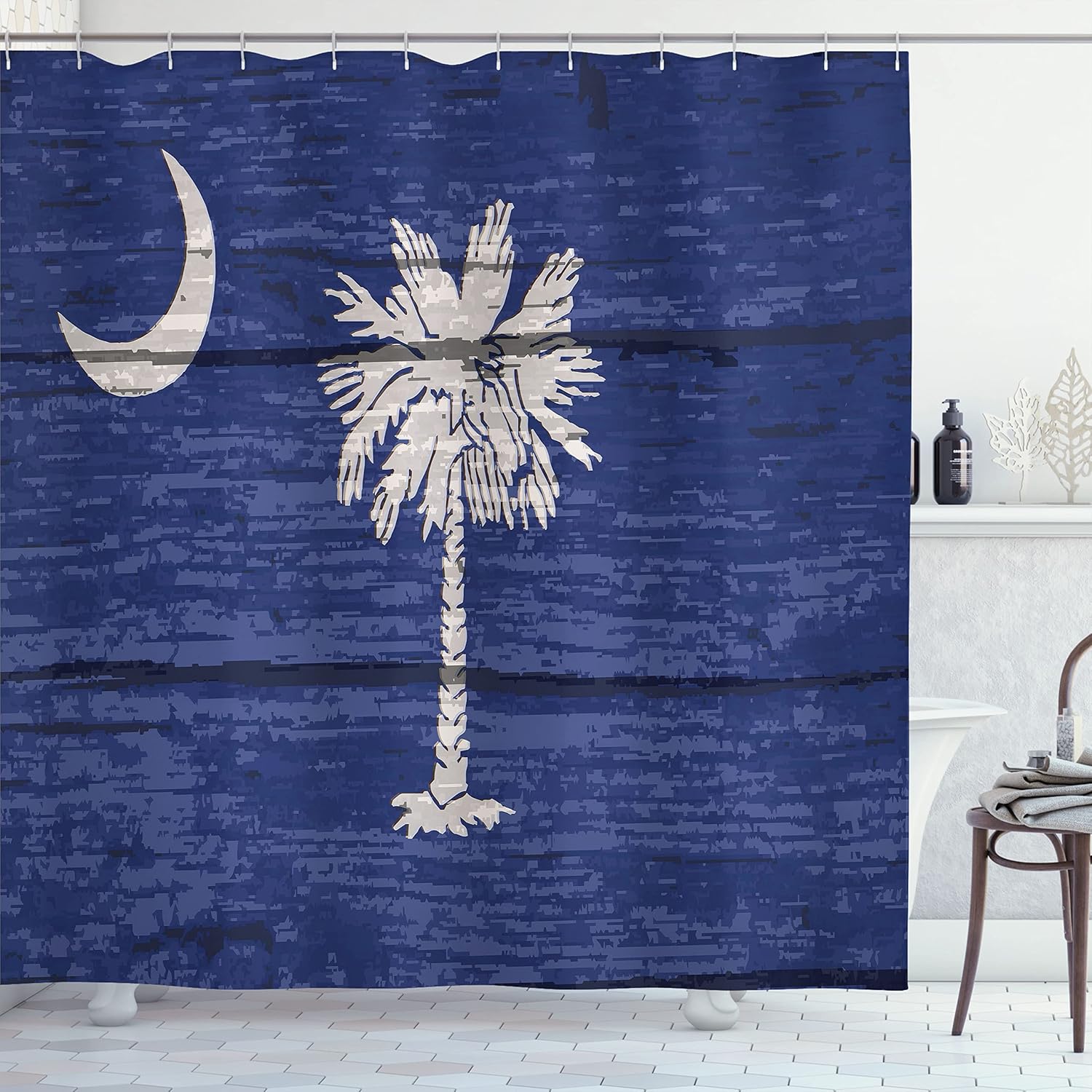 South Carolina Flag Shower Curtain Palm Tree Moon Blue Design State Theme Decor Waterproof Fabric Vintage Style Home Accessories 90x180cm35x71in