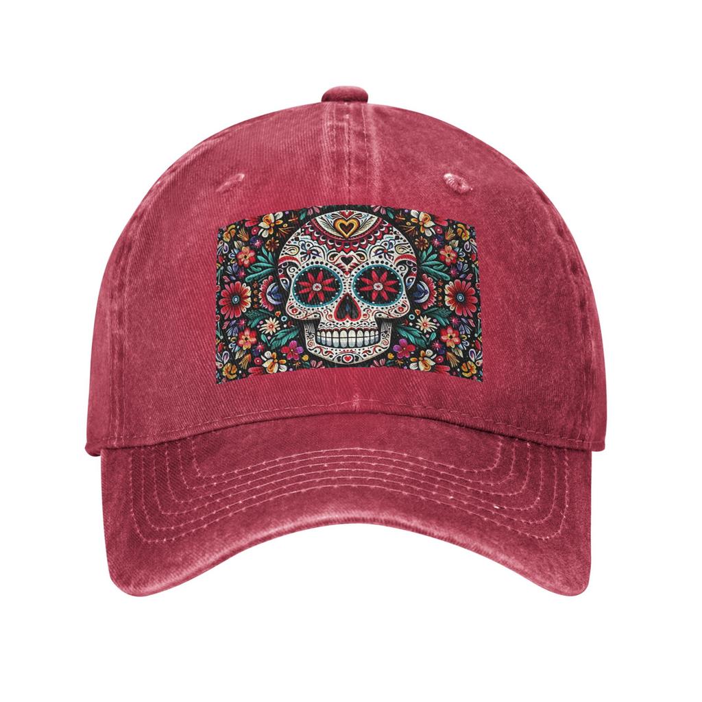 Mexican Sugar Skulls And Flowers Washed Denim Cap Casual Baseball Caps Adjustable Hat Summer Unisex Baseball Hats