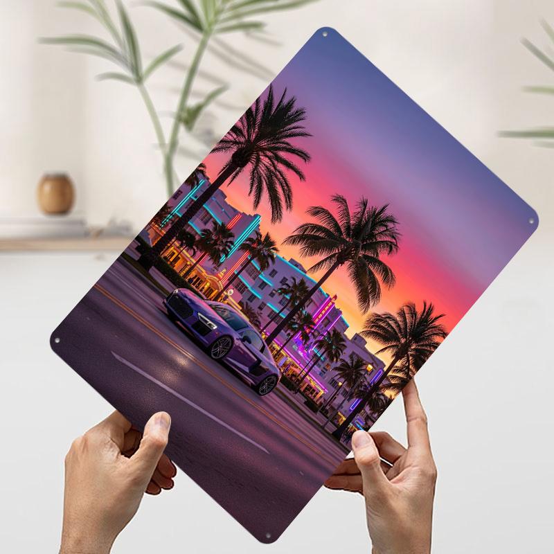 Miami Beach Sports Car R Sunset Poster Customized Wall Art Vintage Metal Signs Retro Tin Plaque for Man Cave Gaming Decoration