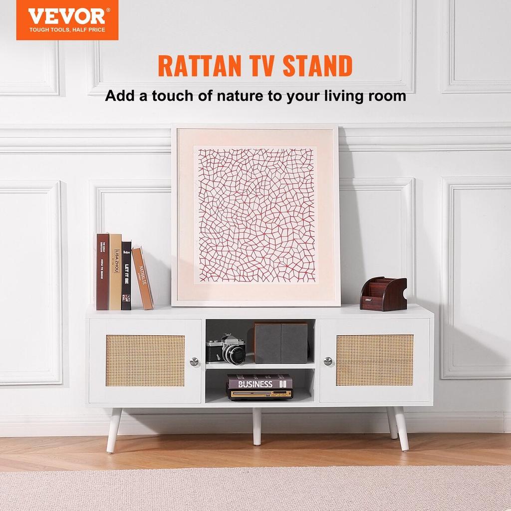 Rattan TV Stand, Boho TV Cabinet for 55 inch TV, Mid Century Modern TV Stand, Rattan TV Console with Adjustable Shelfs for Living Room, Media Room,