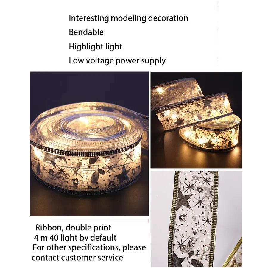 10M Christmas Light String Ribbon for Christmas Tree Decoration Double Layer Gold Stamping Luminous Ribbon Lamp Lace DIY Led Lights