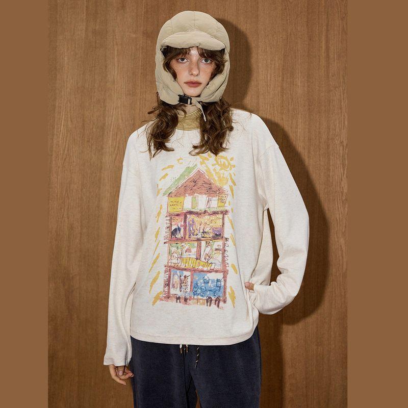 Coolhut2025 Autum Women's Graffiti Cartoon American Simple Drawing Casual Loose Versatile Round Neck Long-Sleeved T-Shirt