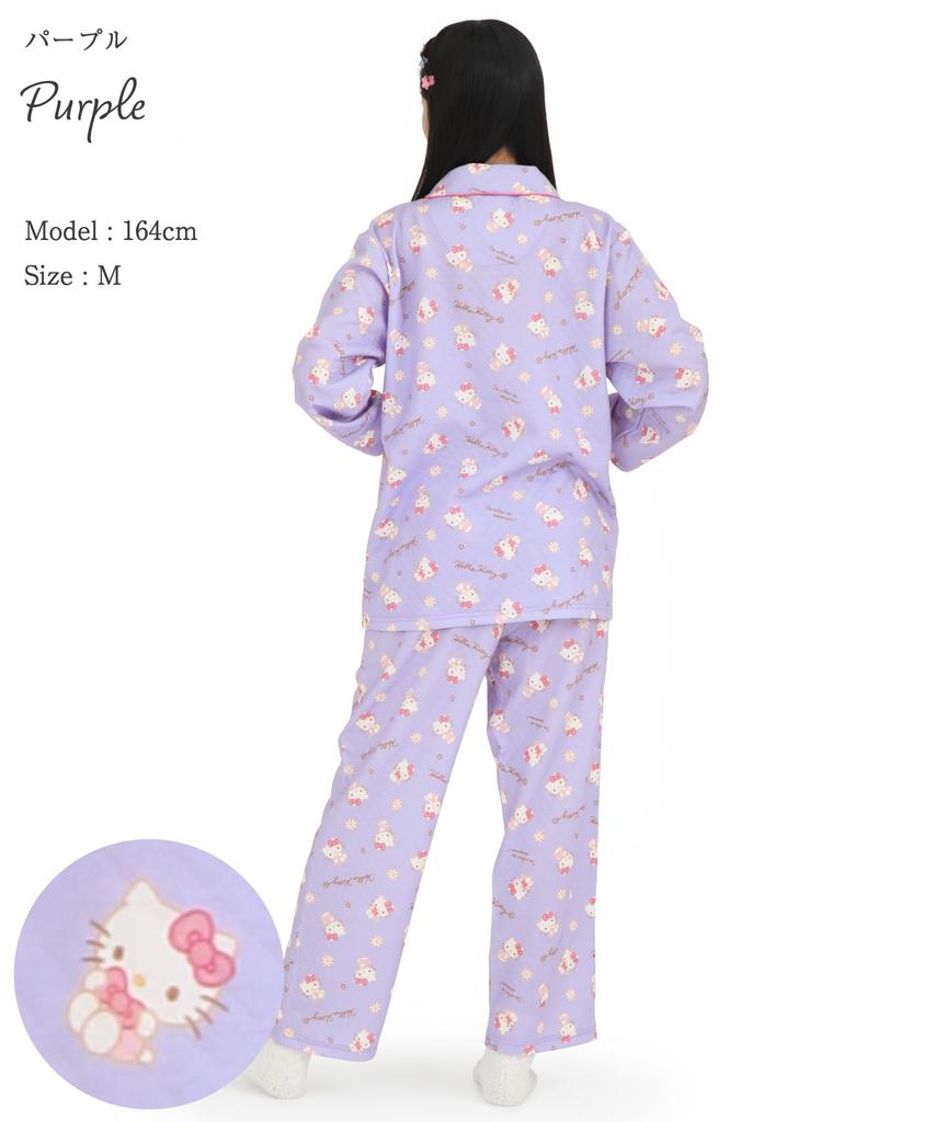 SAZAC Hello Kitty Knitted Quilted Shirt Long Sleeve and Pants Loungewear Women's Pajamas, Set, (Purple/L/SAN1854)