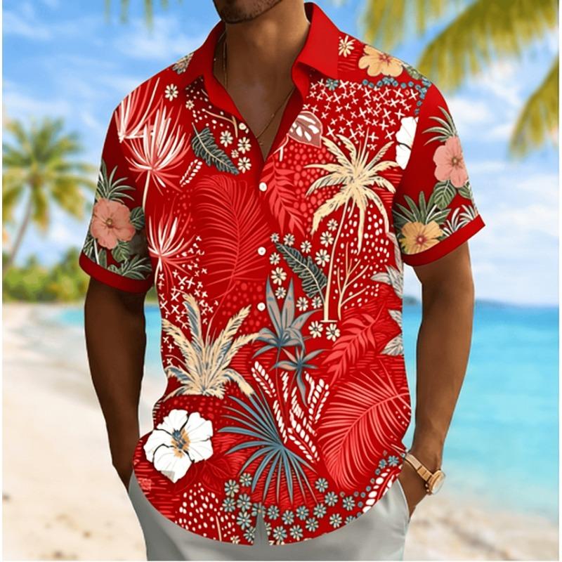 Men s Tropical Floral Print Short Sleeve Shirt, Spring Summer Beach Vacation Casual  Top 4XL