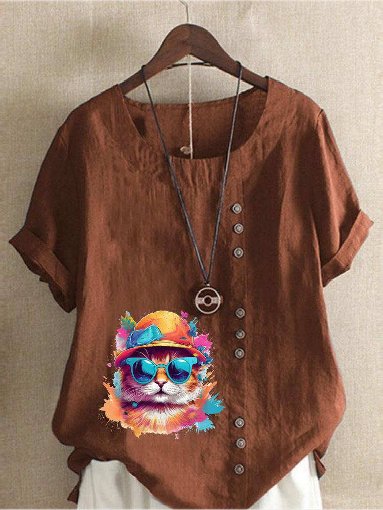 Women's Fashion Colorful Cat Print Round Neck Short Sleeve T-shirt Summer Casual Cotton Linen Graphic Shirt Leisure Loose Blouse Tops