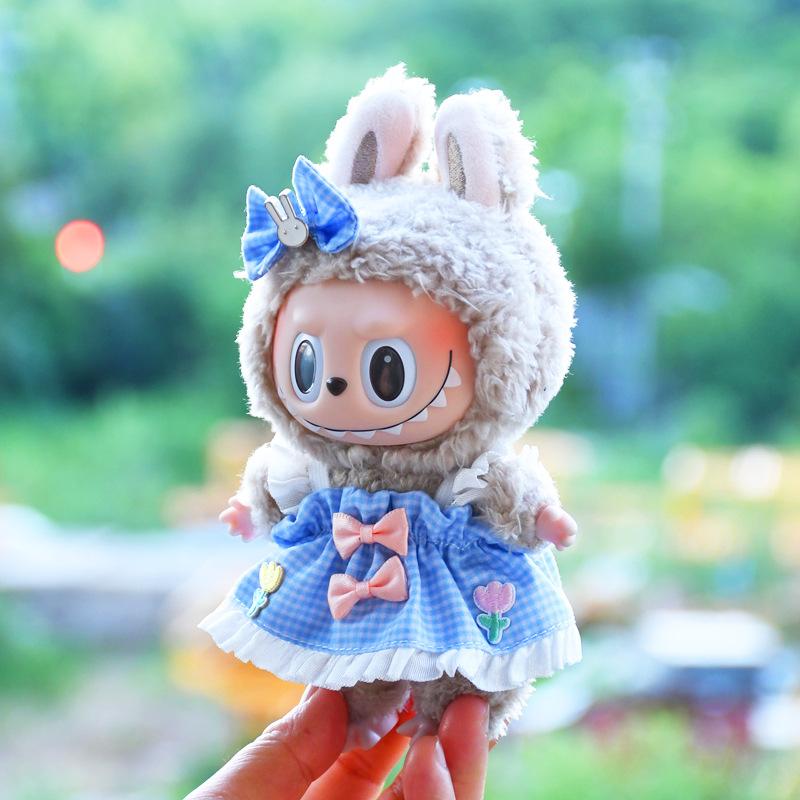 Only Clothes, Excluding Dolls, Blind Box 17cm Pendant Accessories, Canvas Clothes, Blue Checkered, Camisole Skirt, Keychain, Labubu Doll Dress
