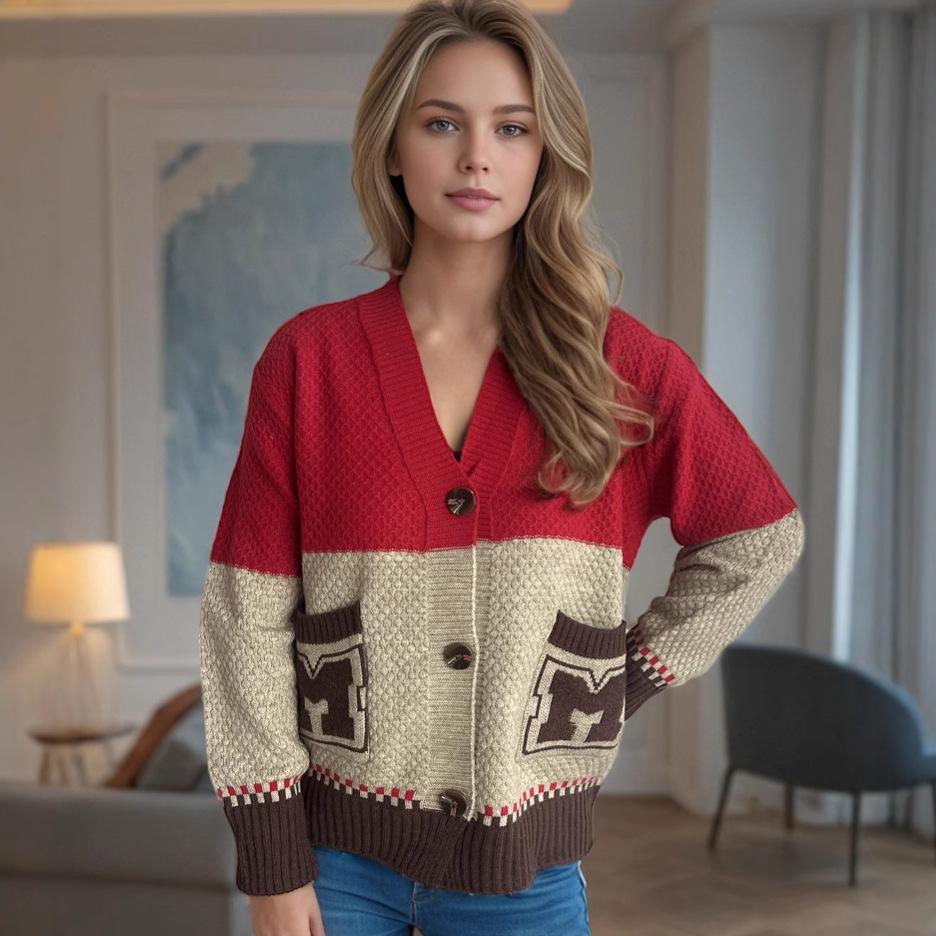 New Knitted Cardigan Autumn Edition Color Blocked Women's Sweater Jacket, Loose Casual Top for Outer Wear 3522