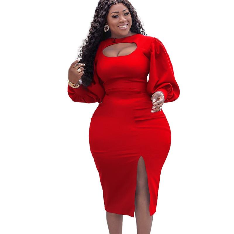 Large Size Women's Clothing Autumn New Fashion Temperament Hollow Long-sleeved Split-ended Solid Color Dress