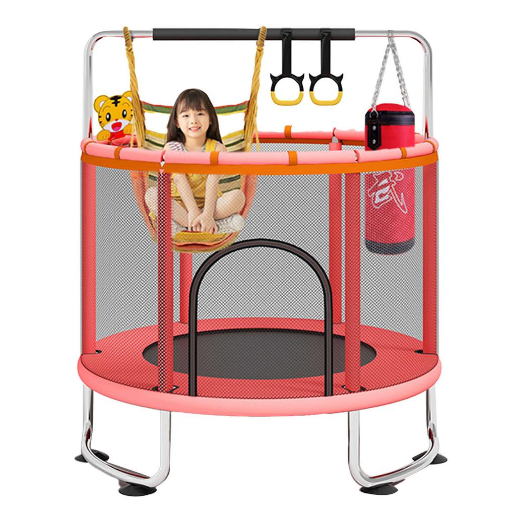 Kinder Trampolin Innen Außen Klein Fitness Trampolin Spielzeug mit Sicherheitsnetz Basketballkorb Gymnastikringe Schaukel für Jungen und Mädchen