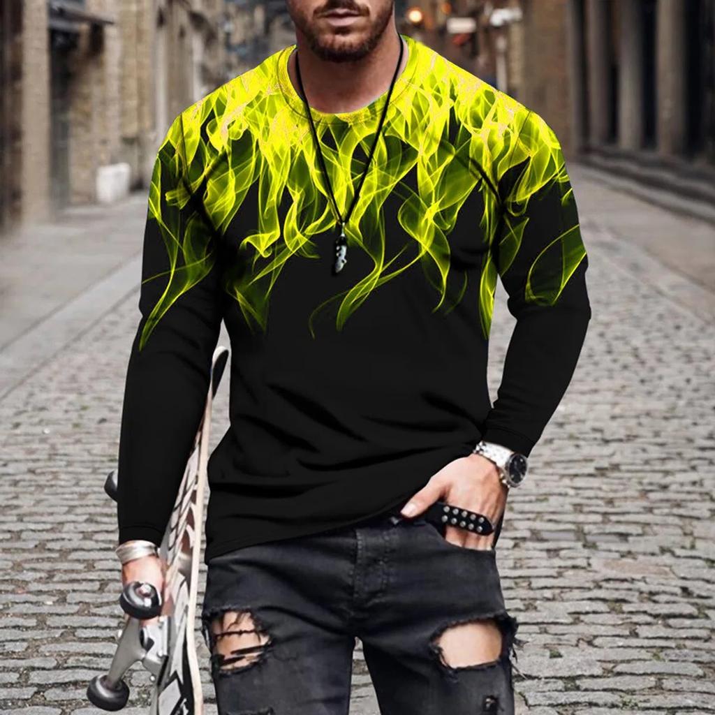 Fashion Long Sleeve T-shirt For Men 3d Fire Print O Neck Tops Hip Hop Cotton T Shirt Oversized Tee Shirt Man Clothing Streetwear