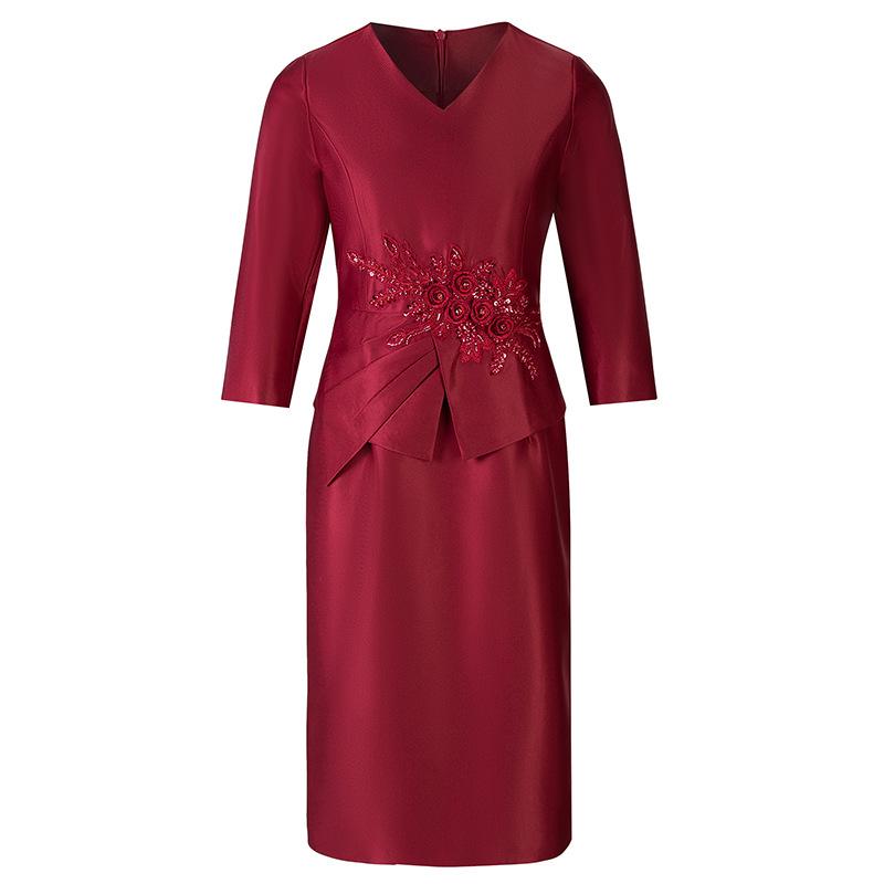 2024 Spring Red Elegant Two-Piece-Style Slimming Dress for Middle-Aged Women