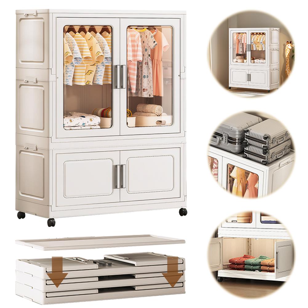 Mobile Wardrobe Clothes Organizer with Haging Rod & Cabinet Clothing Storage Shelf with Wheels Wardrobe Closet Rack for Bedroom