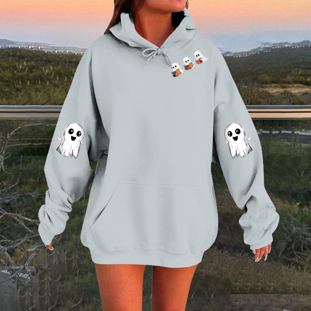 Women's Solid Color Long Sleeve Casual Halloween Print Pullover Hooded Sweatshirt