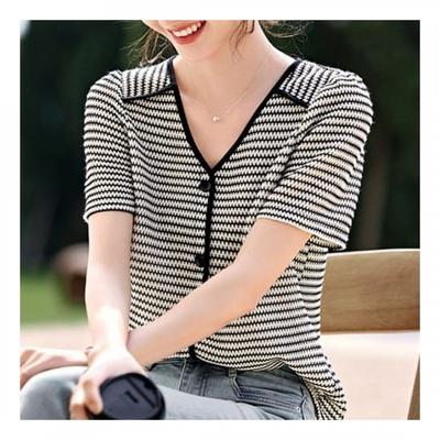 NaVaVa Women Stripe Short SleeVe V Neck Shirt Nb2183