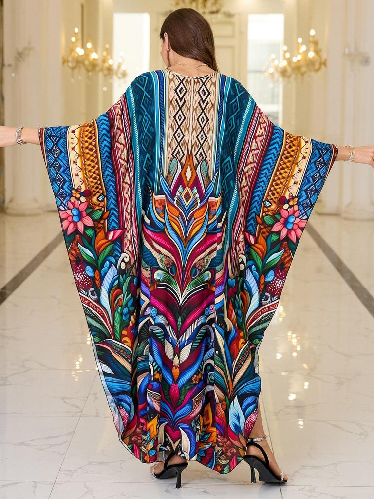 2025 European & American Cotton Printed Beach Dress Women's Long Loose Cover-Up with Sun Protection