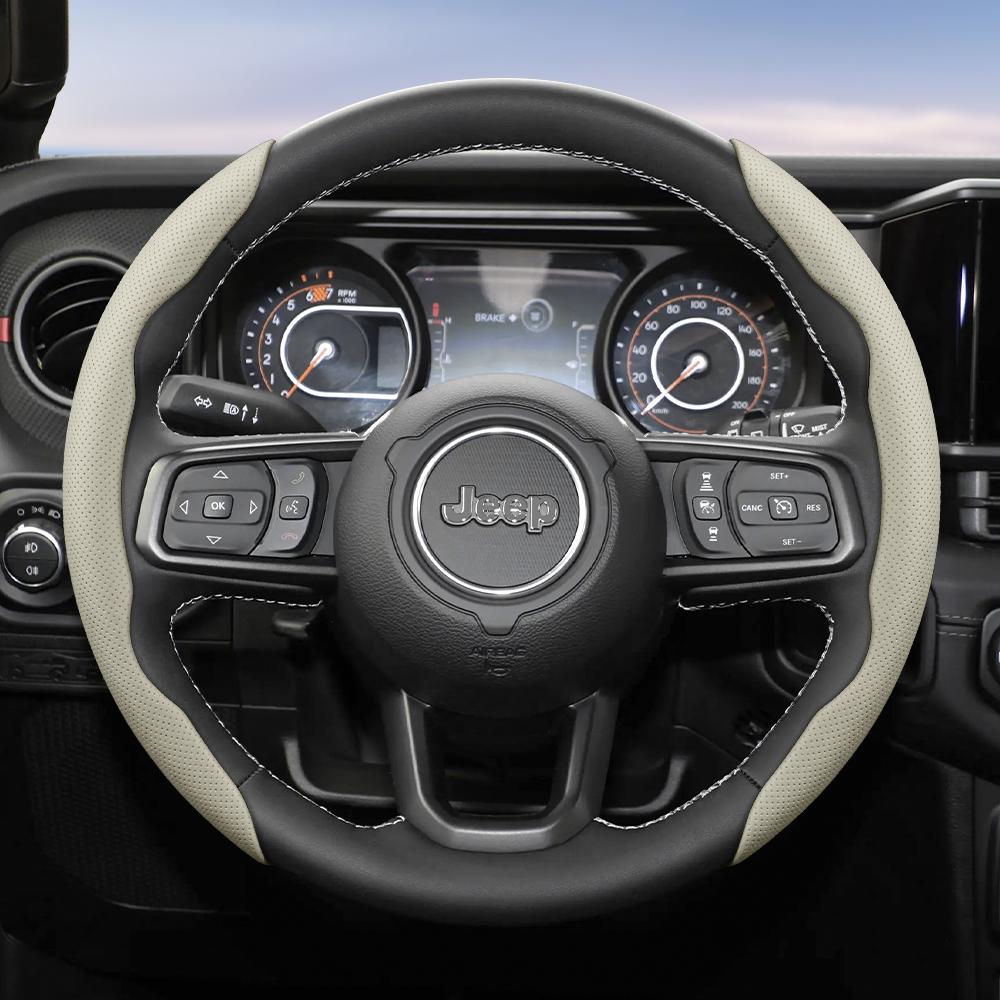 Suitable for Jeep Breathable Hole Leather Steering Wheel Cover Segmented Quick Release Design Non-Slip Durable Compass Renegade Wrangler Grand C AMU1
