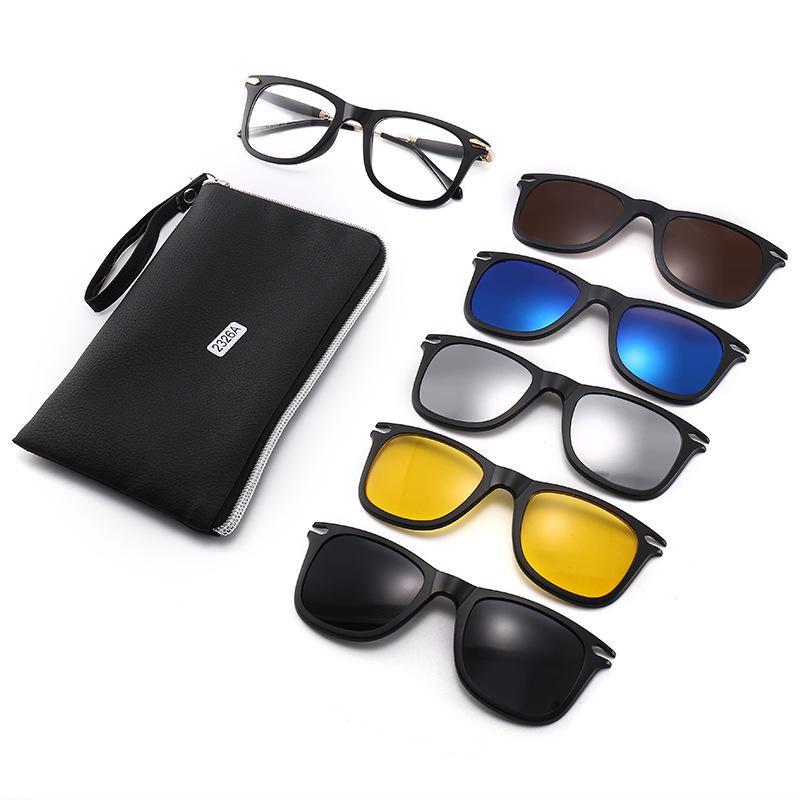 TR90 5-Piece Magnetic Clip-On Polarized Sunglasses Set with Pouch for Men & Women