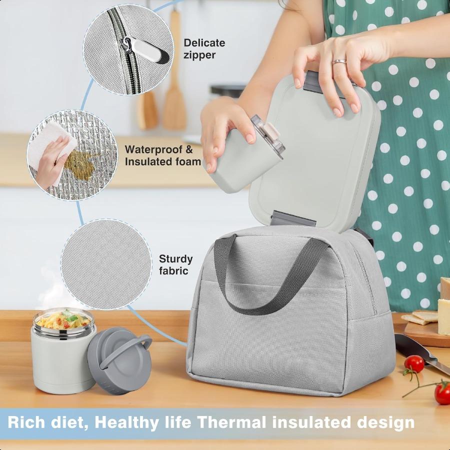 Bento Lunch Box Set with 10.5oz Soup Thermo Food Jar for Adults Stainl Steel Leakproof Lunch Container with 4 Compartment Coffe