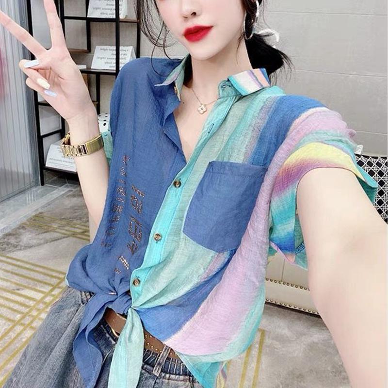 Y2K Summer Casual Fashion Diamonds Patchwork Chiffon Shirt Lady Short Sleeve Loose All-match Buttons Tops Women Printed Blouse