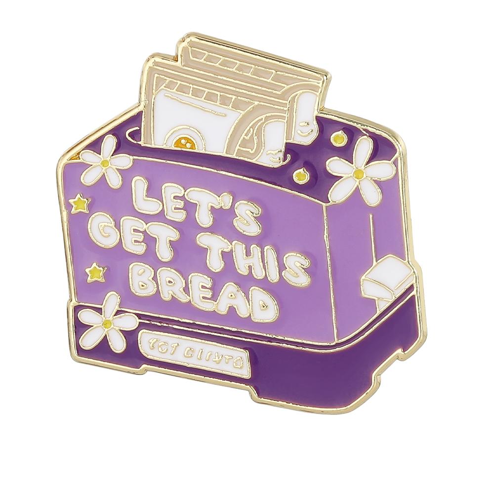 Funny Let s Get This Bread Enamel Brooches Cute Purple Flower Pattern Toaster Shaped Golden Pins