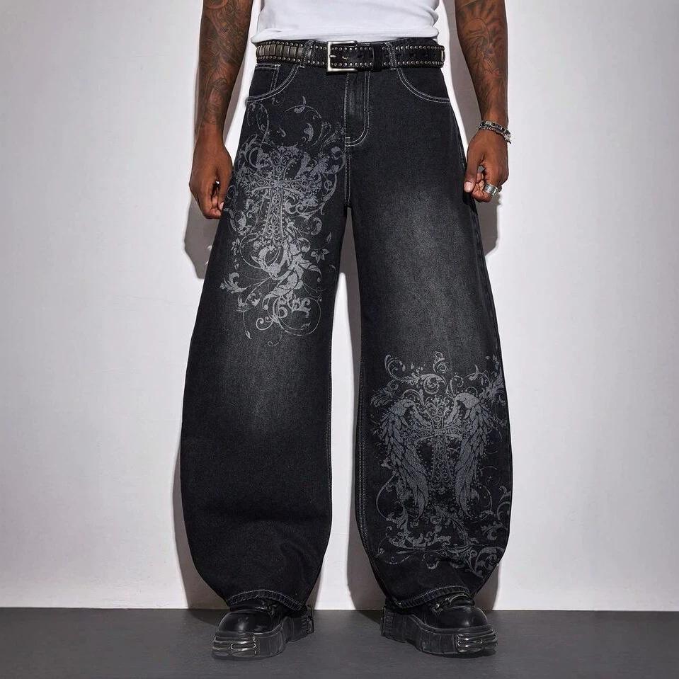 Pantaloni larghi in denim americani nuovi con stampa estiva moda drappeggio jeans a zampa